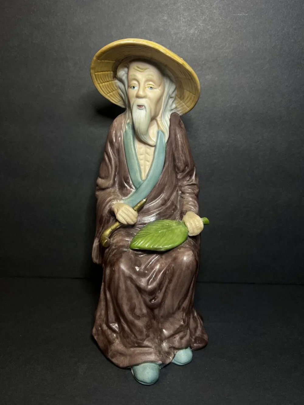 Vintage 1970s Toyo Porcelain Seated Old Asian Man Figurine w/ Palm Leaf Fan